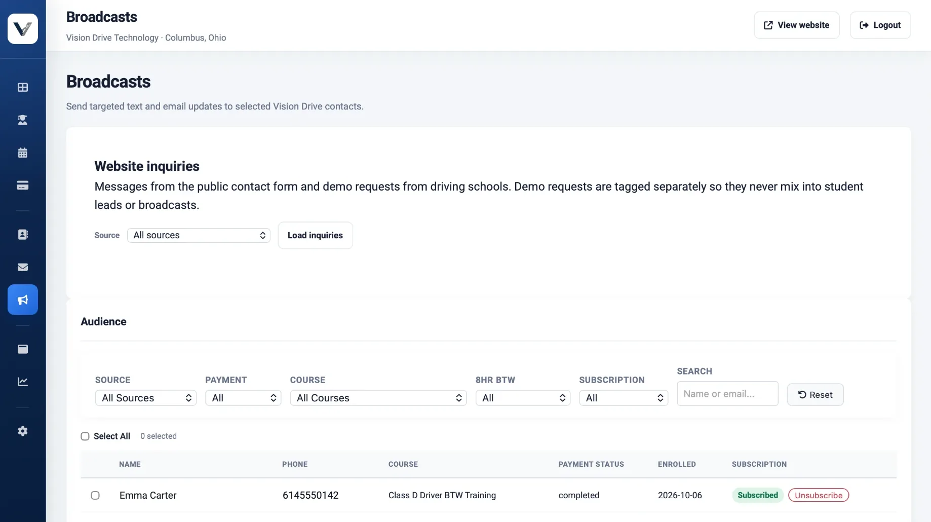 Broadcast audience builder with filters by source, payment, course, behind-the-wheel progress and subscription