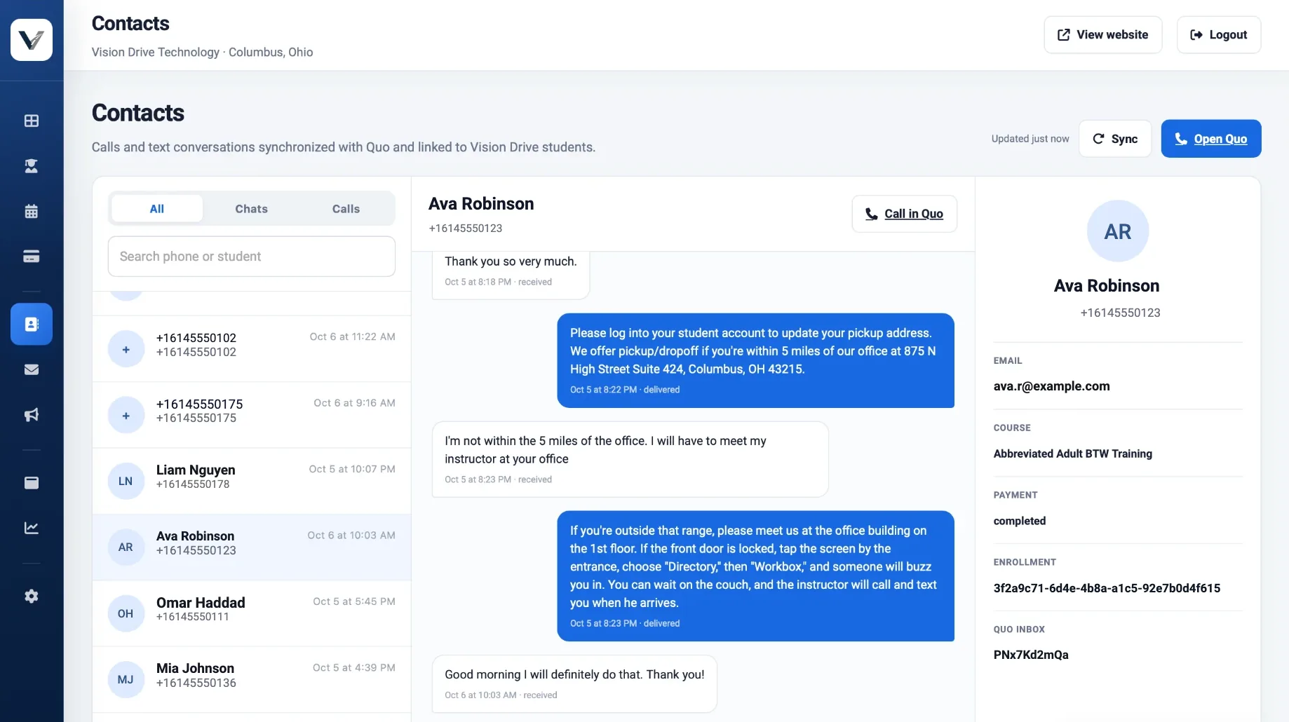 Text conversation with a student next to their course, payment status and enrollment