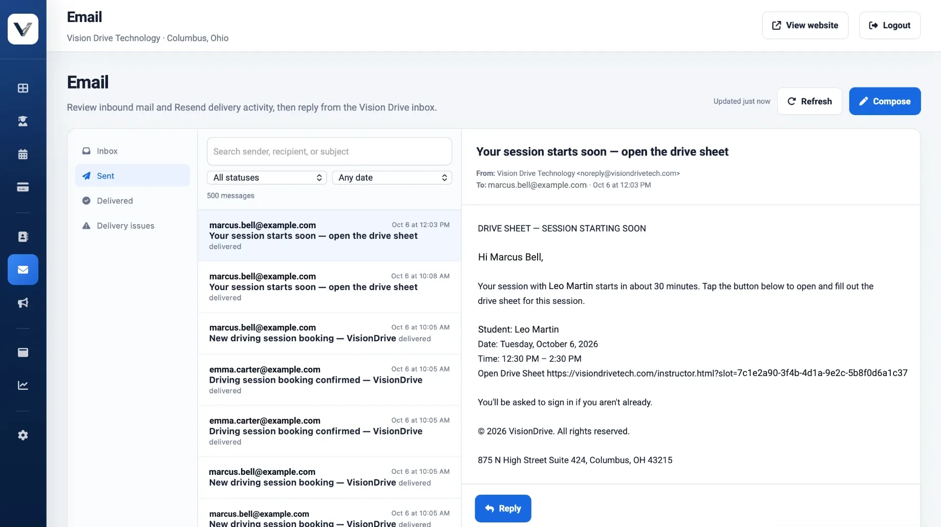 Email inbox listing sent booking confirmations and an automatic drive-sheet reminder to an instructor