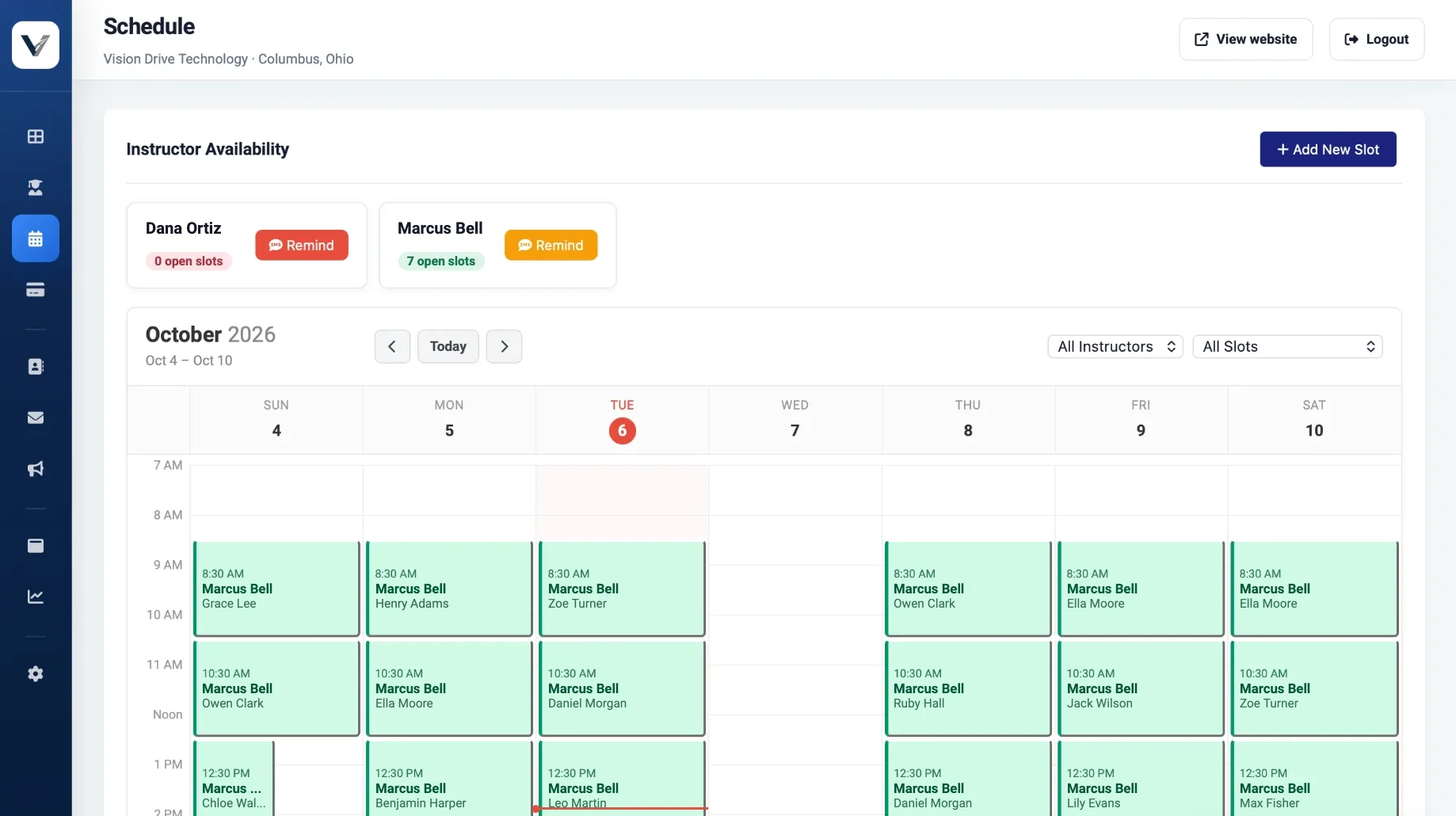 Weekly instructor calendar with booked driving lessons and open-slot counts per instructor