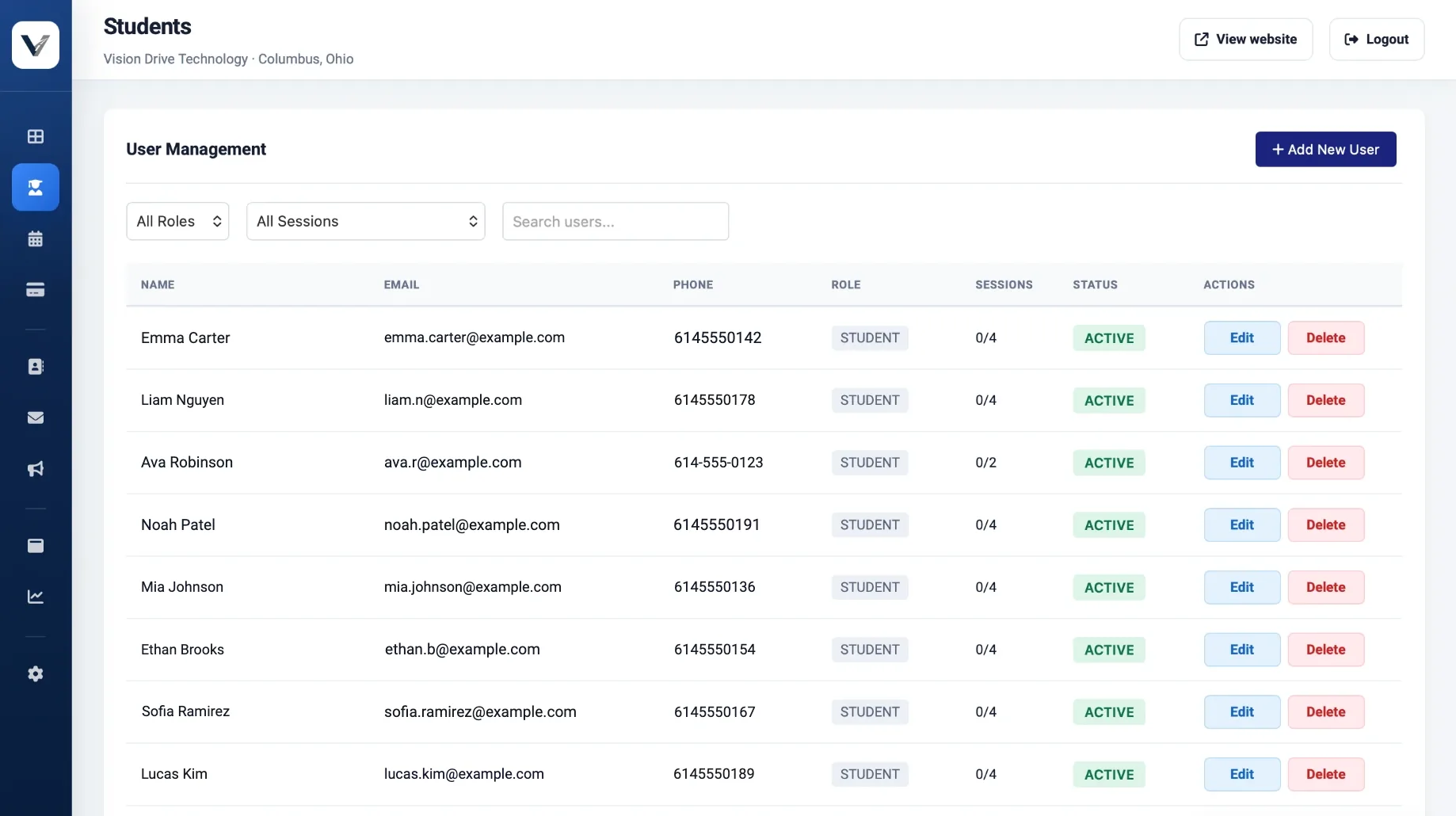 Student list with names, emails, phone numbers, sessions completed and account status