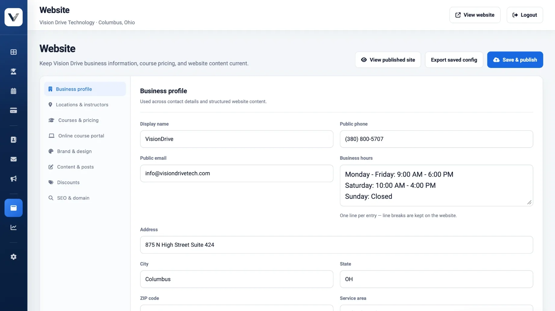 Website editor with the business profile form and sections for courses, pricing, brand, content and SEO